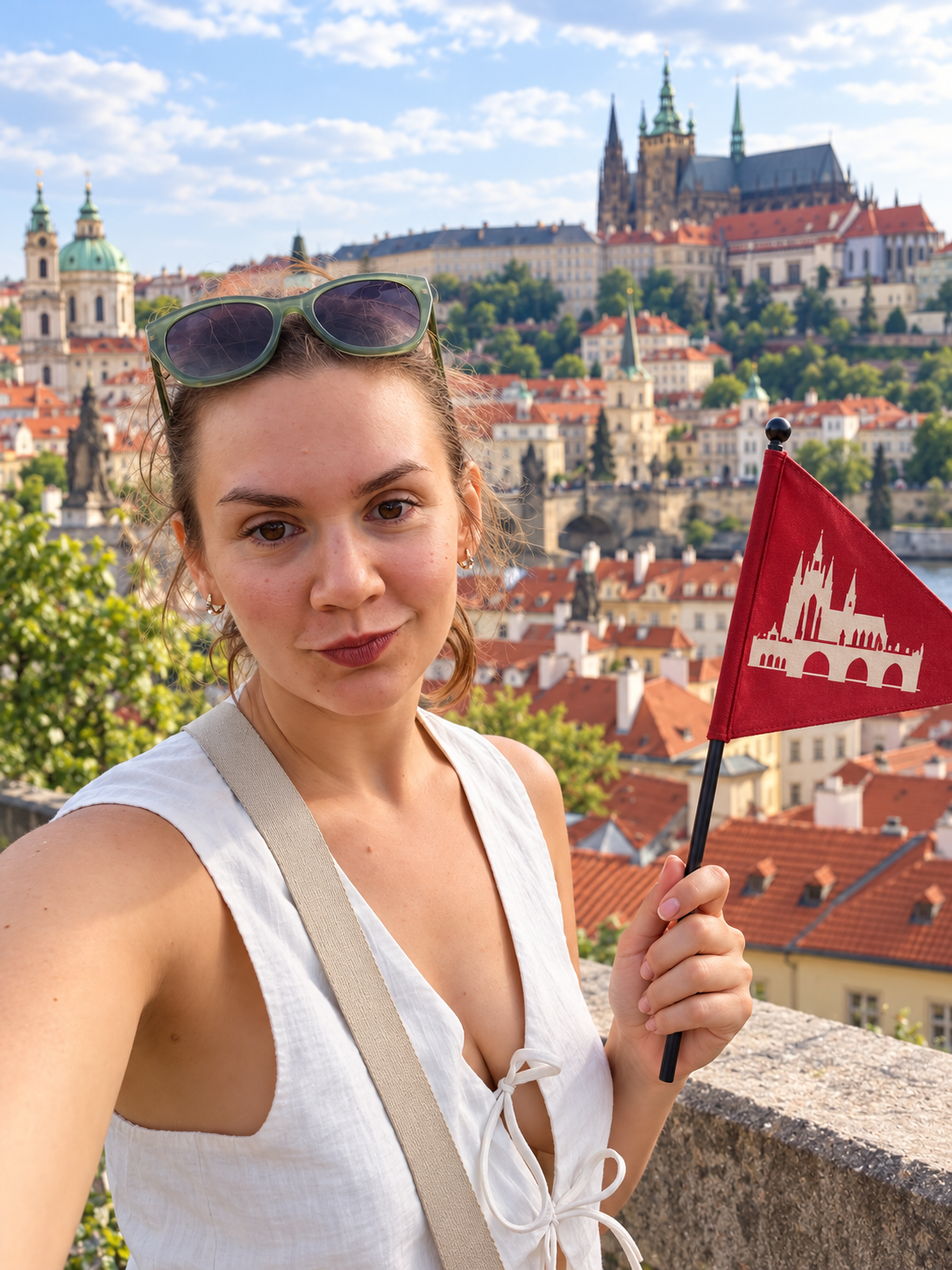 Galina, Prague private guide, with Prague Castle in the background